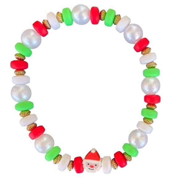 Christmas Themed Beaded Stretch Bracelets Set Of 4 With Charms in Red Green - Picture 7 of 9